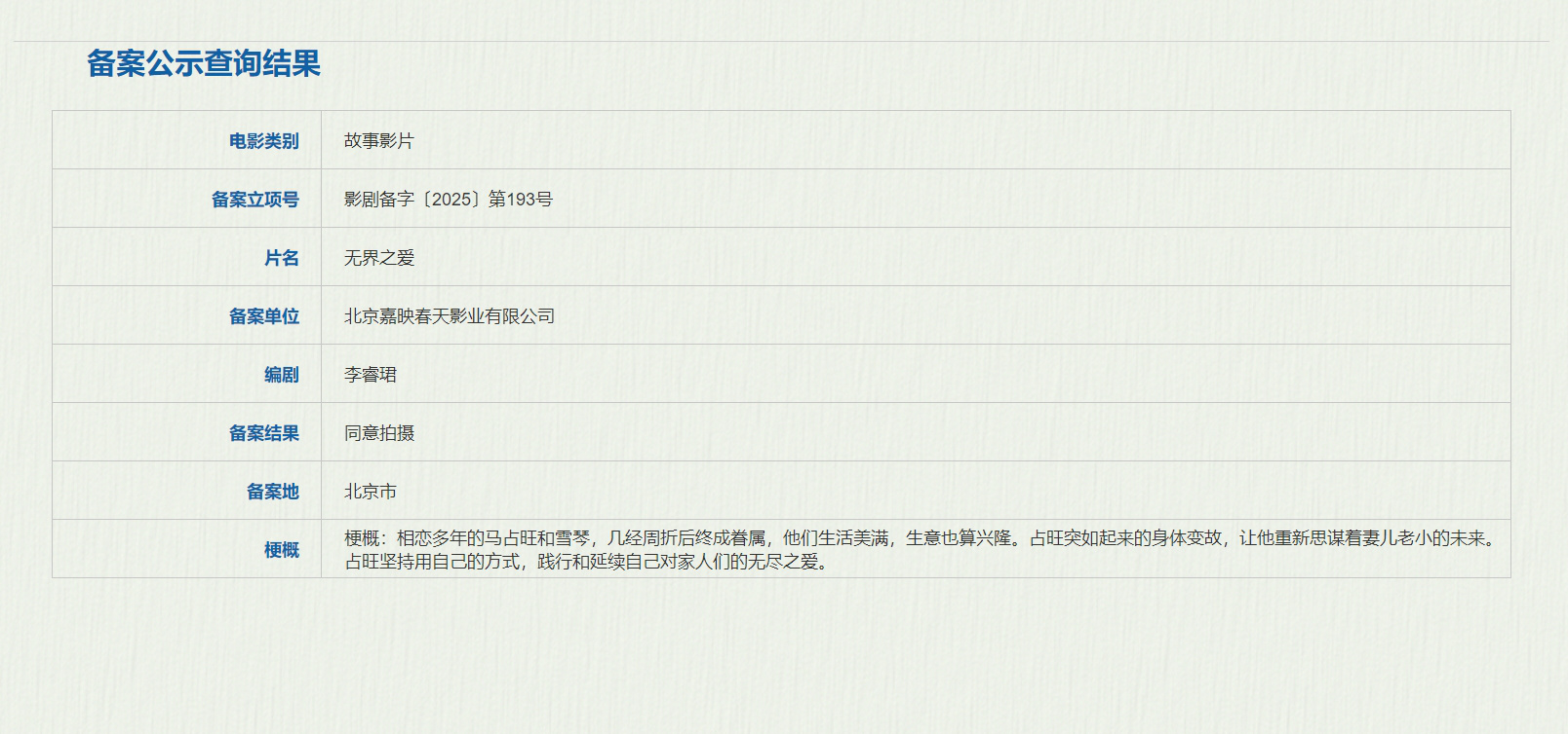 李睿珺编剧新作！电影《无界之爱》备案立项公示