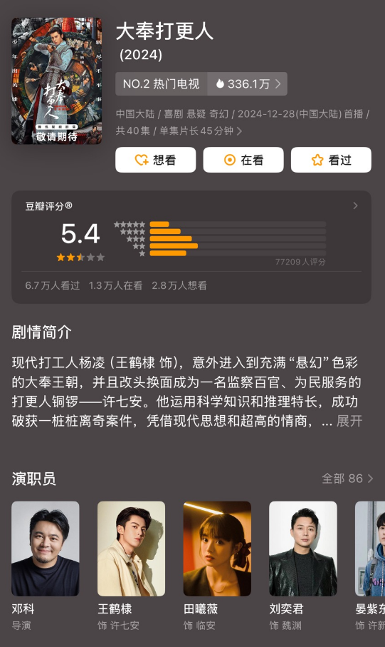 《大奉打更人》豆瓣开分5.4分 三星及以下评价占7成