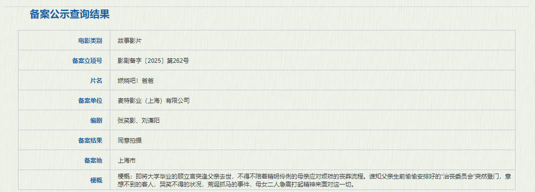 感受荒诞抓马的身后事 《燃烧吧！爸爸》备案立项
